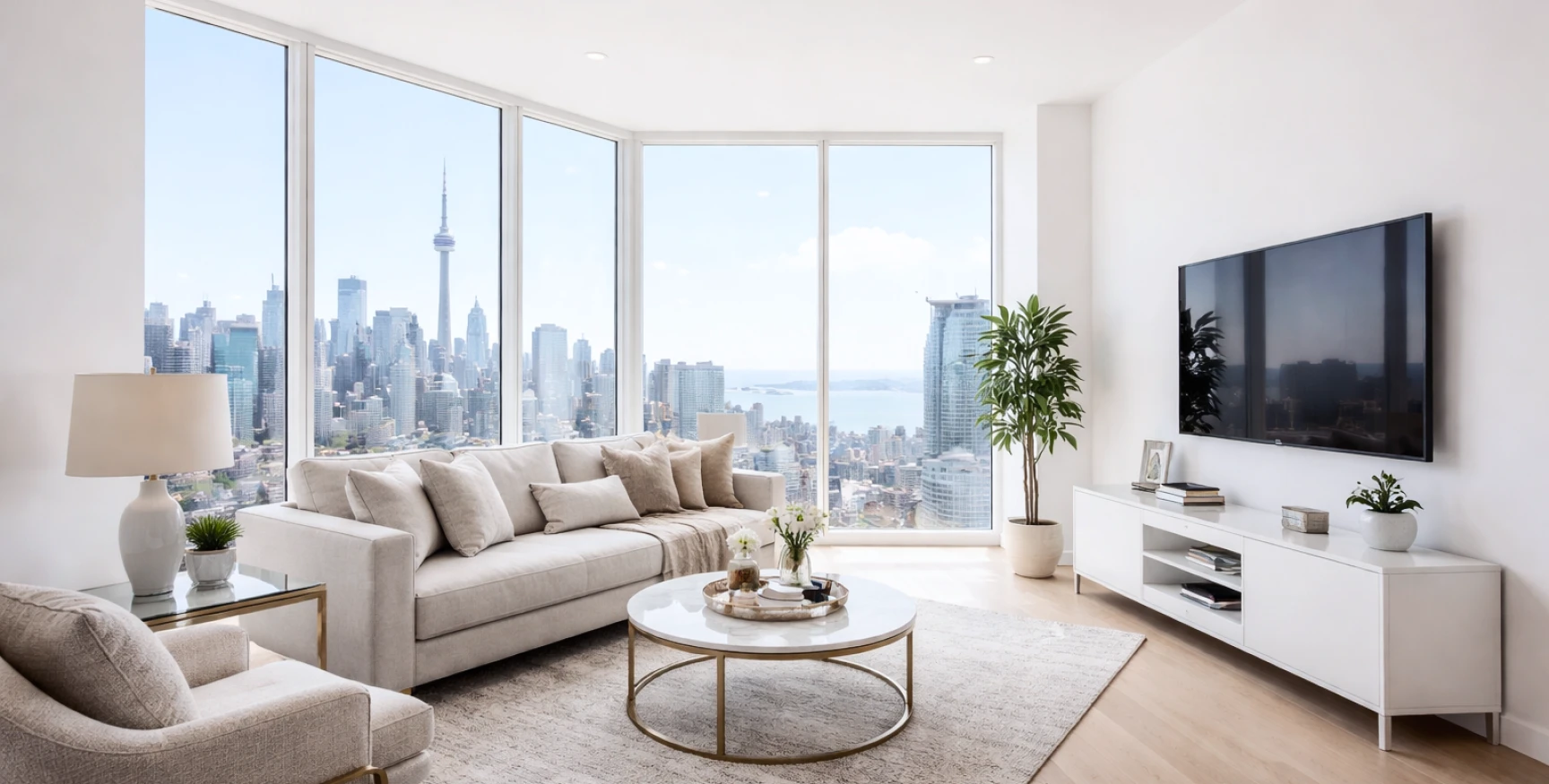 Freshly painted Toronto condo living room with city skyline view and professional white interior finish