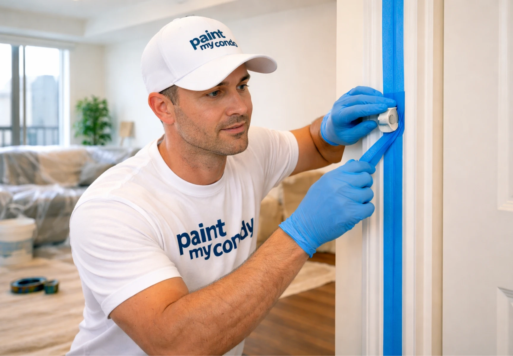 Condo painter masking door trim and baseboards before painting in a Toronto condo unit
