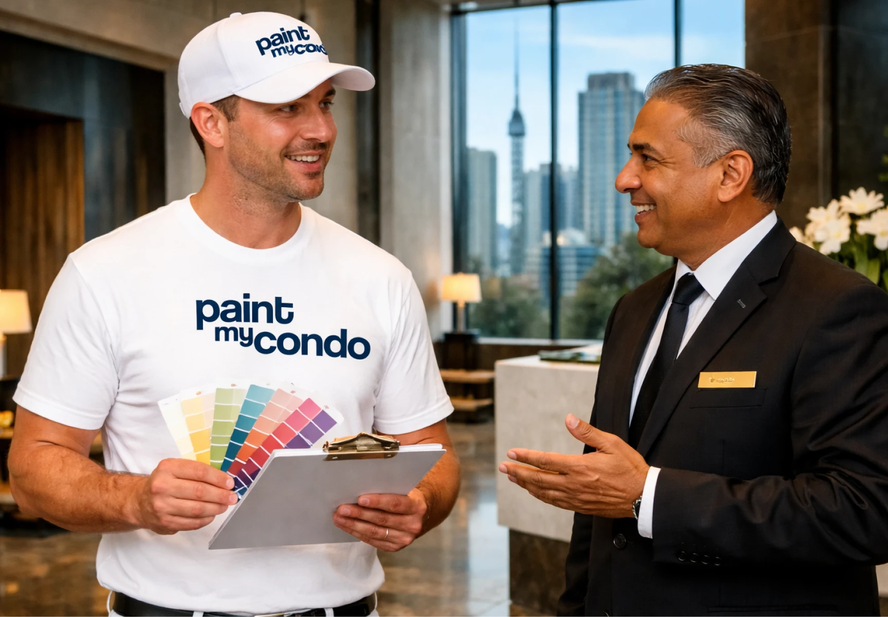 Paint My Condo painter coordinating with Toronto condo building concierge for elevator and delivery logistics