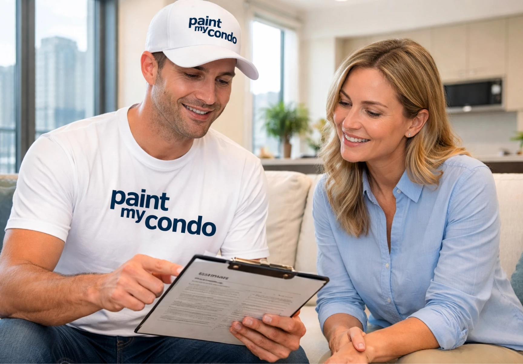 Paint My Condo professional reviewing condo painting quote with Toronto condo owner