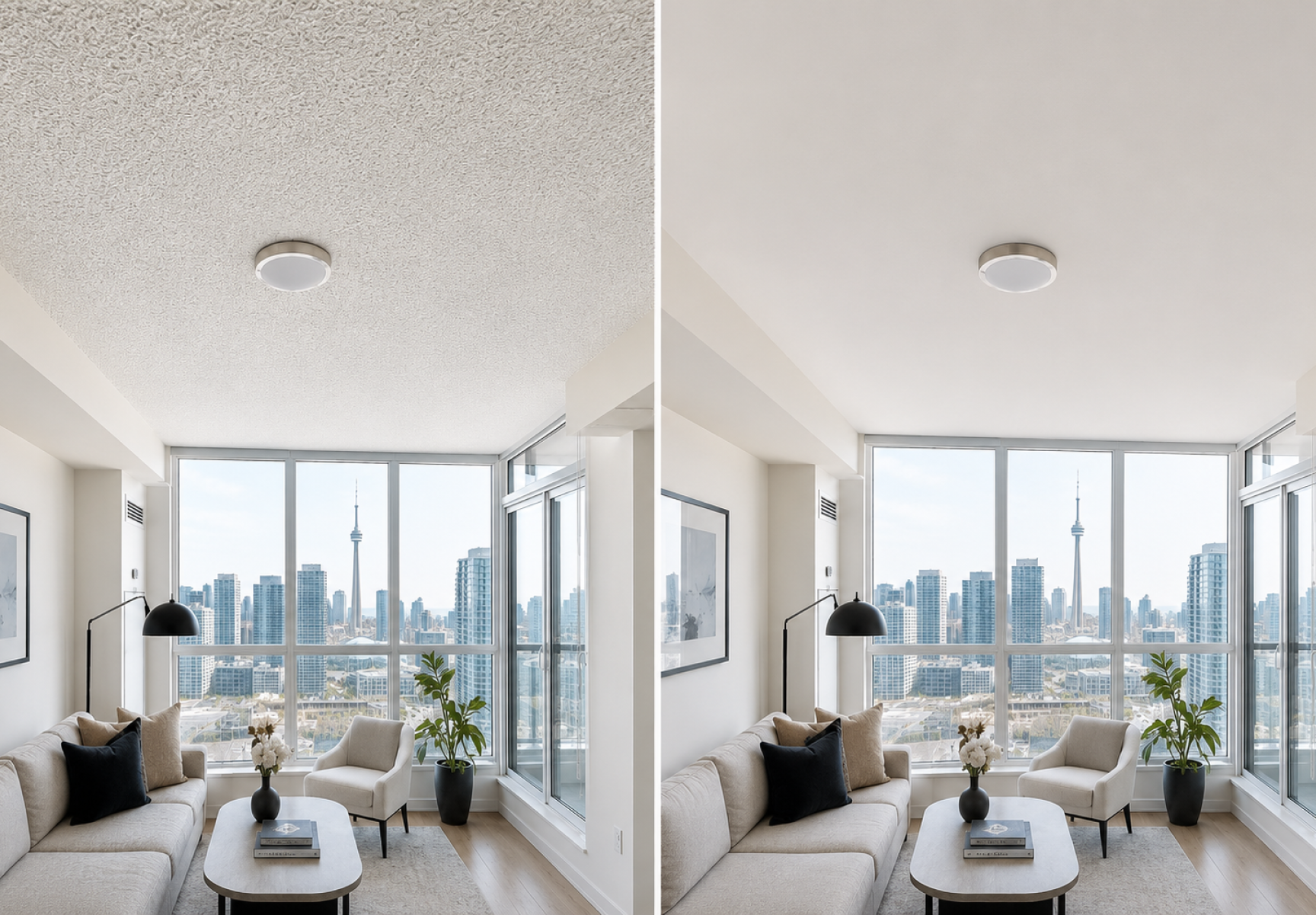 Skim coat over popcorn ceiling Toronto condo result