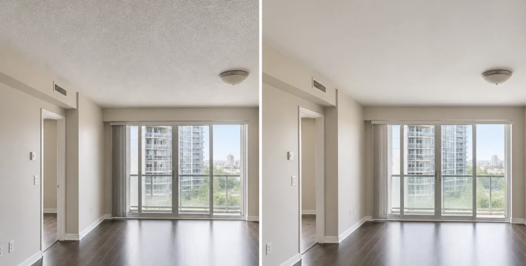 Popcorn ceiling removal Toronto condo before and after result