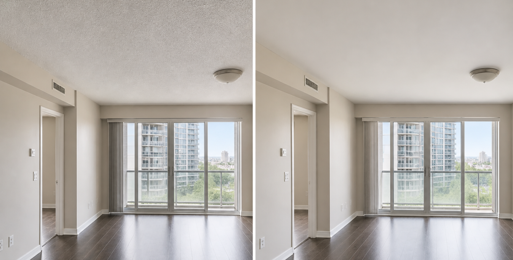 Popcorn ceiling removal Toronto condo before and after result